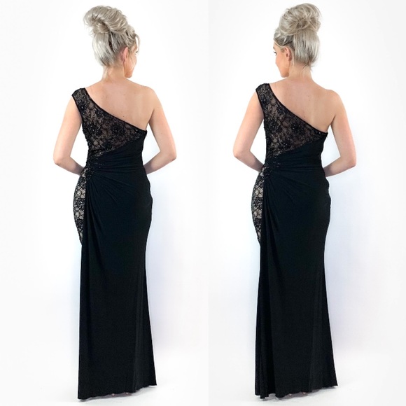 Black Lace Over Nude Evening Gown - Picture 5 of 8